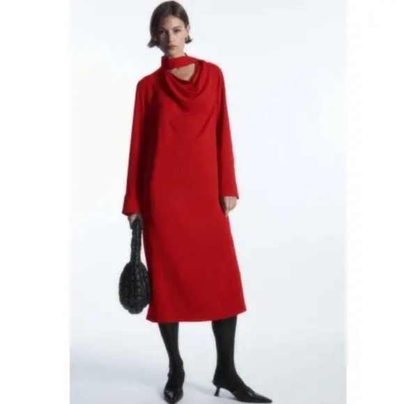 COS The Crow Red new with tags Button Fit mockneck cherry holiday Midi dress NWT - Picture 1 of 9